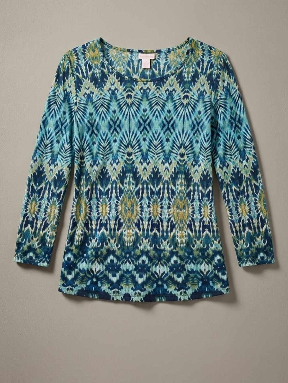 Chico's Blue and Aqua Patterned Long-Sleeve Tee